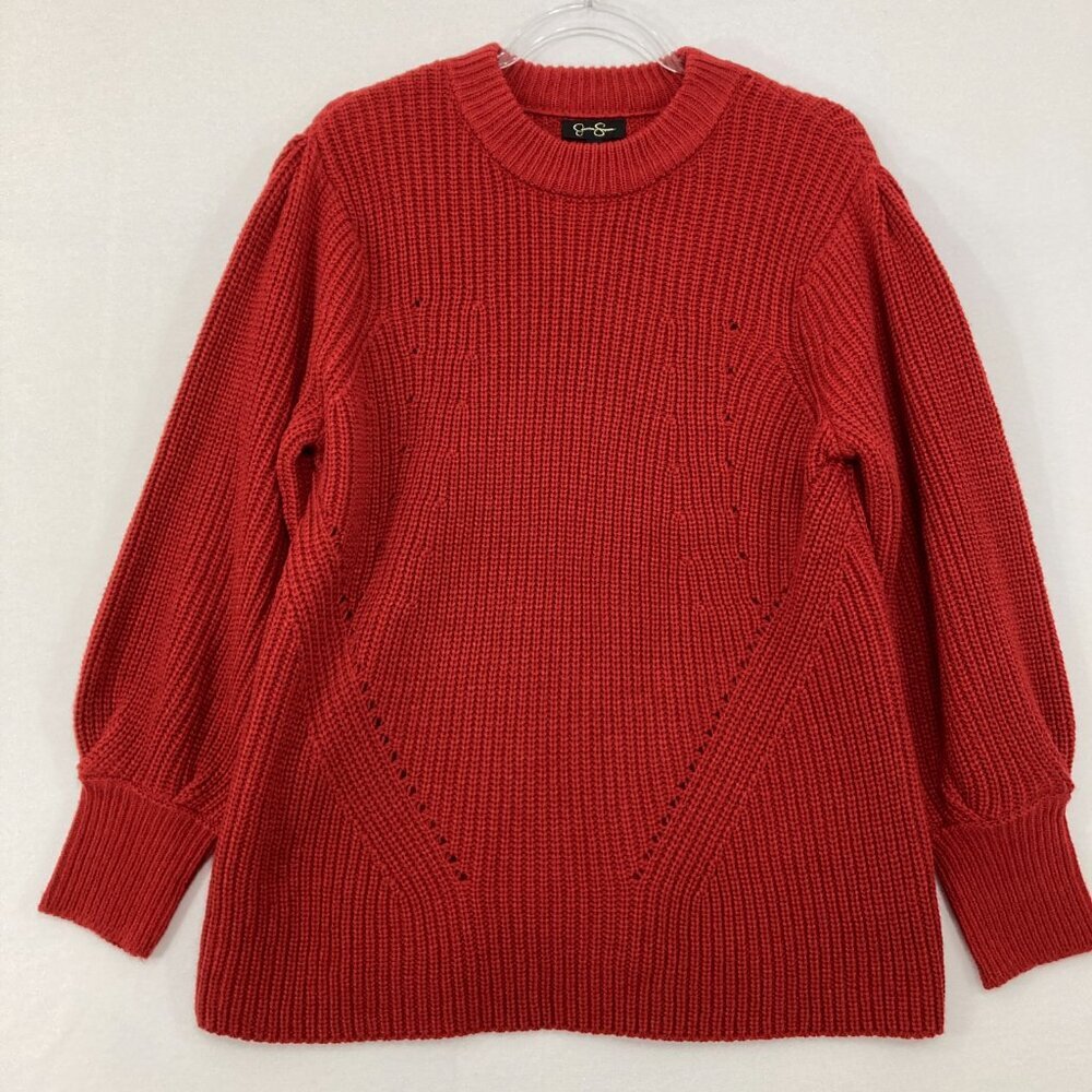 New Jessica Simpson size 1X Red Rib Knit Crew Neck Puff Sleeve‎ Cozy Sweater